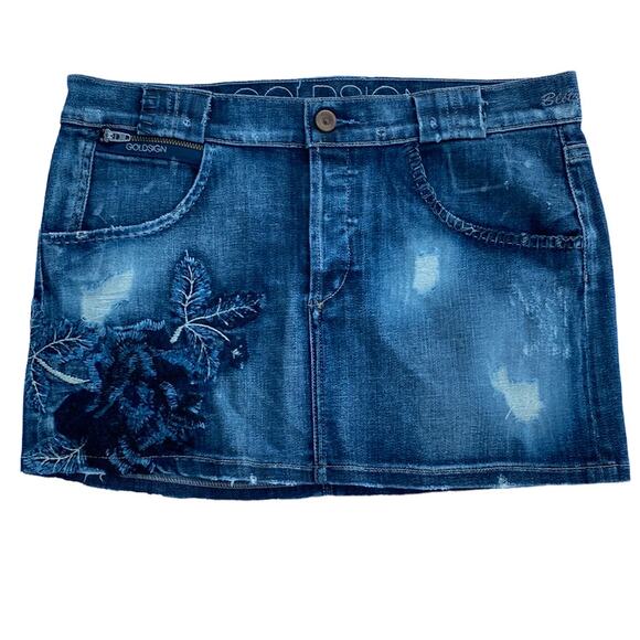 New Goldsign Blitz Embroidered Distressed Button Fly Jean Denim Mini Skirt 27 - Picture 7 of 14